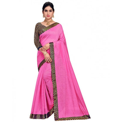 Women's Chanderi Cotton Lace Border Saree With Blouse (Pink, 5-6 Mtrs)