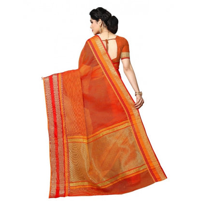 Women's Kota Doria Cotton Border Saree With Blouse (Orange, 5-6 Mtrs)