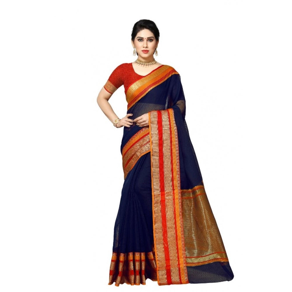 Women's Kota Doria Cotton Border Saree With Blouse (Navy Blue, 5-6 Mtrs)