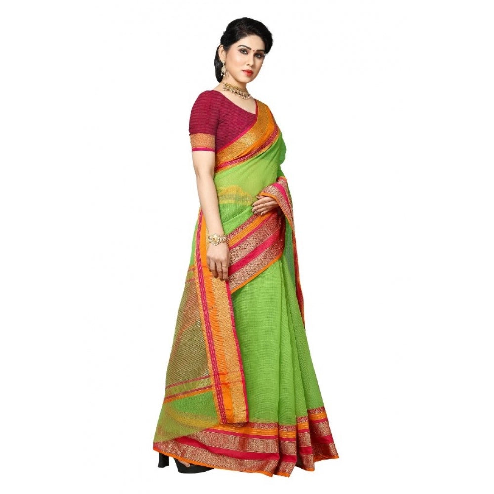 Women's Kota Doria Cotton Border Saree With Blouse (Light Green, 5-6 Mtrs)