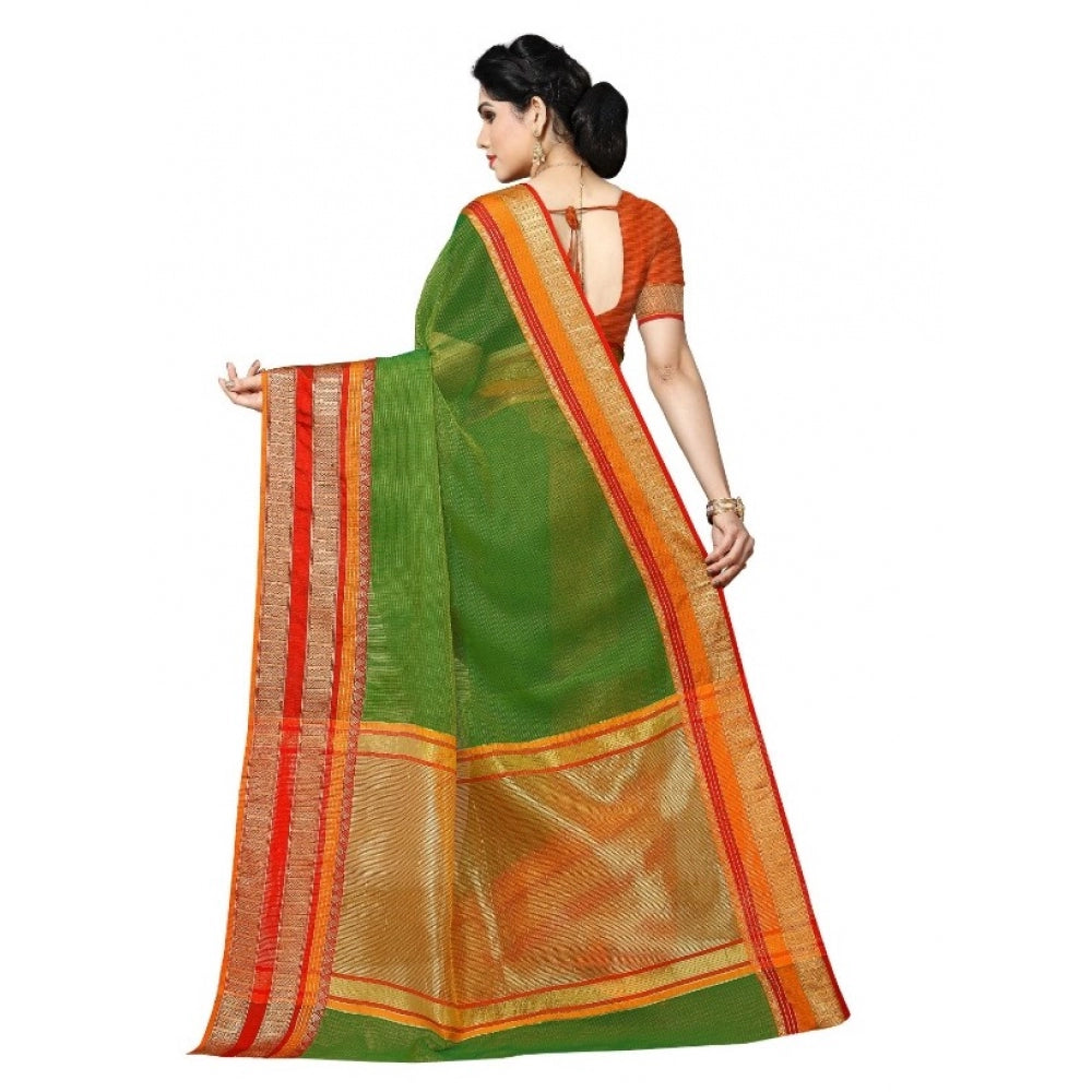 Women's Kota Doria Cotton Border Saree With Blouse (Green, 5-6 Mtrs)