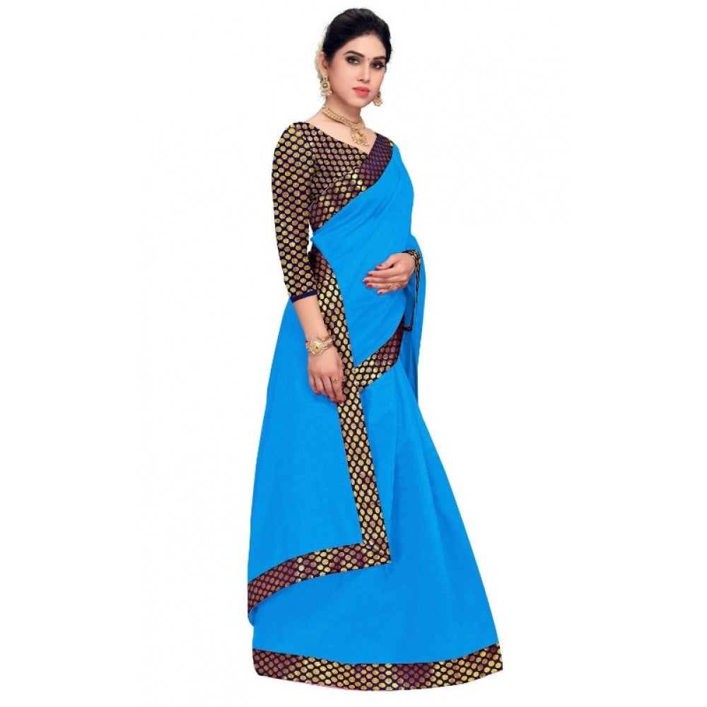 Women's Chanderi Cotton Lace Border Saree With Blouse (Sky Blue, 5-6 Mtrs)