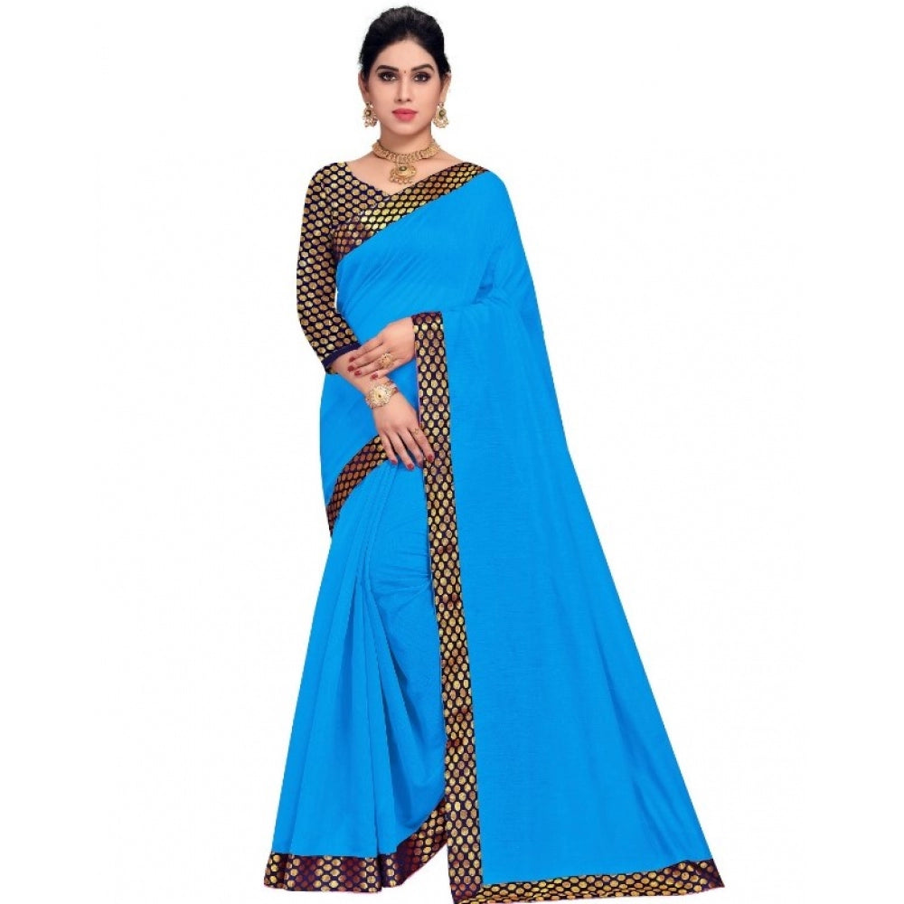 Women's Chanderi Cotton Lace Border Saree With Blouse (Sky Blue, 5-6 Mtrs)