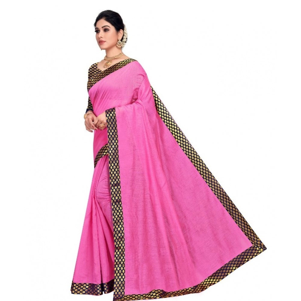 Women's Chanderi Cotton Lace Border Saree With Blouse (Pink, 5-6 Mtrs)