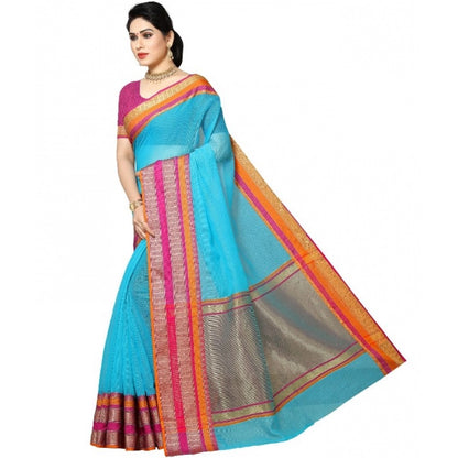 Women's Kota Doria Cotton Border Saree With Blouse (Sky Blue, 5-6 Mtrs)