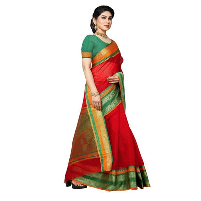 Women's Kota Doria Cotton Border Saree With Blouse (Red, 5-6 Mtrs)