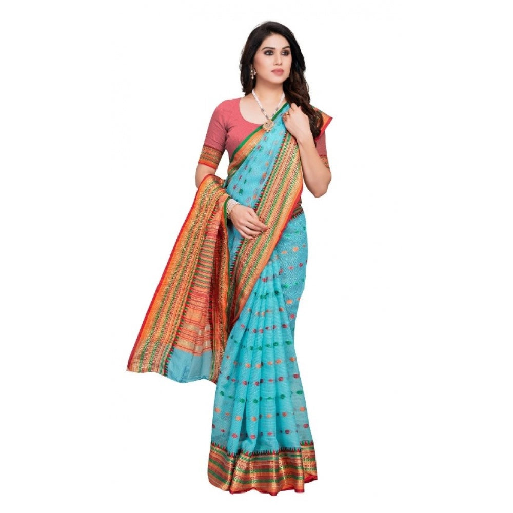 Women's Kota Doria Cotton Woven Butta Saree With Blouse (Sky Blue, 5-6 Mtrs)