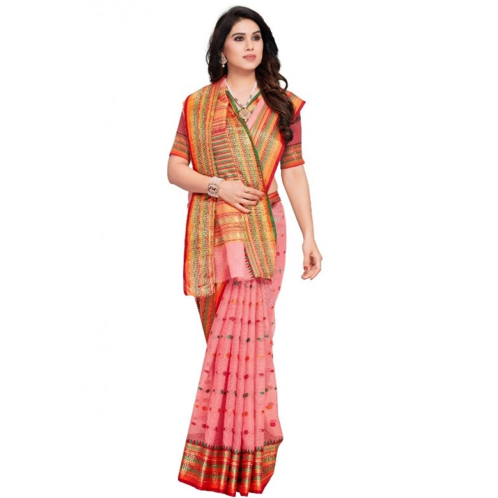 Women's Kota Doria Cotton Woven Butta Saree With Blouse (Pink, 5-6 Mtrs)