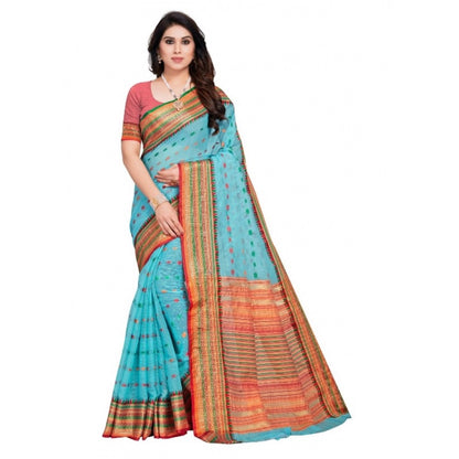 Women's Kota Doria Cotton Woven Butta Saree With Blouse (Sky Blue, 5-6 Mtrs)