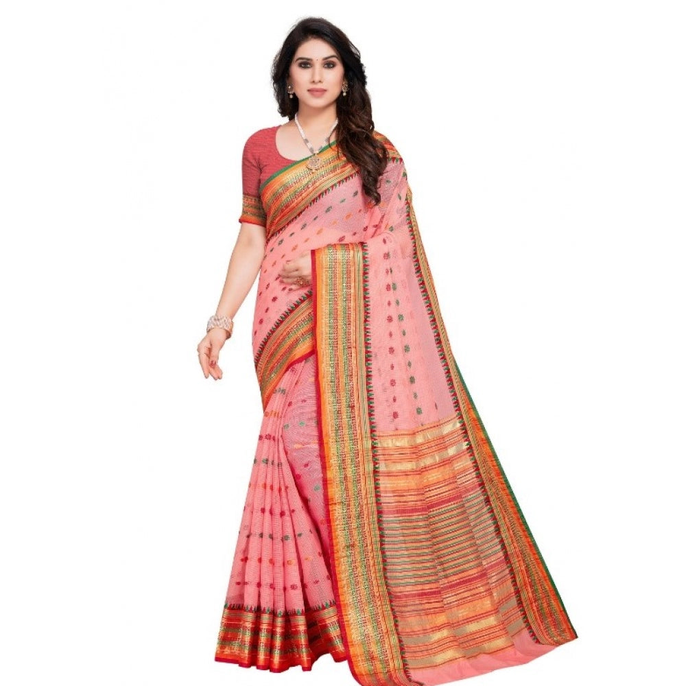 Women's Kota Doria Cotton Woven Butta Saree With Blouse (Pink, 5-6 Mtrs)