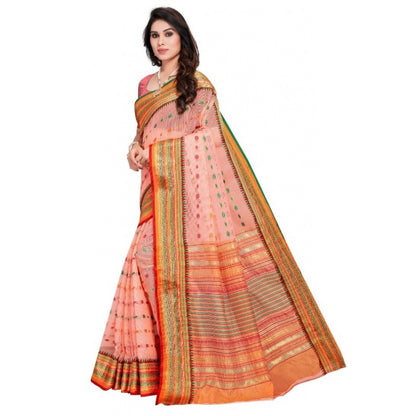 Women's Kota Doria Cotton Woven Butta Saree With Blouse (Peach, 5-6 Mtrs)