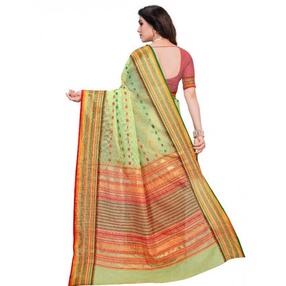 Women's Kota Doria Cotton Woven Butta Saree With Blouse (Light Green, 5-6 Mtrs)