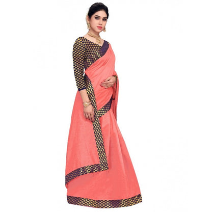 Women's Chanderi Cotton Lace Border Saree With Blouse (Peach, 5-6 Mtrs)