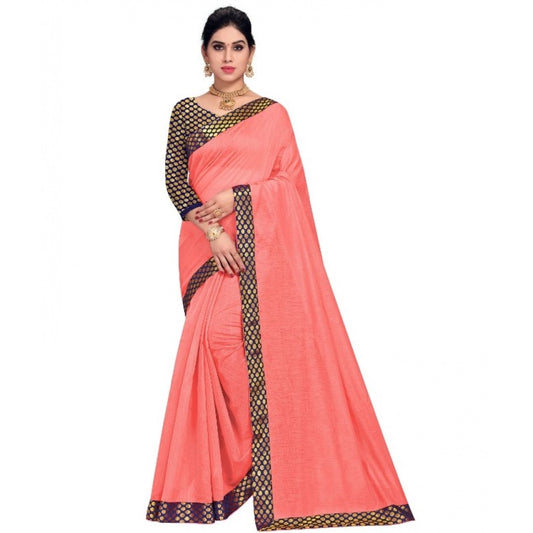 Women's Chanderi Cotton Lace Border Saree With Blouse (Peach, 5-6 Mtrs)