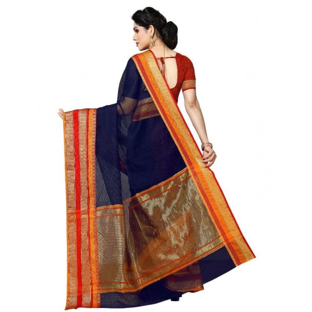 Women's Kota Doria Cotton Border Saree With Blouse (Navy Blue, 5-6 Mtrs)