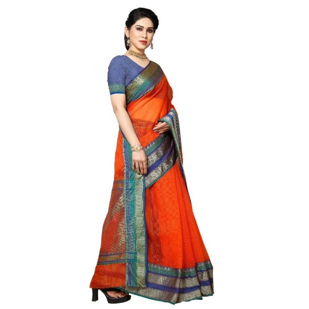 Women's Kota Doria Cotton Border Saree With Blouse (Fanta, 5-6 Mtrs)