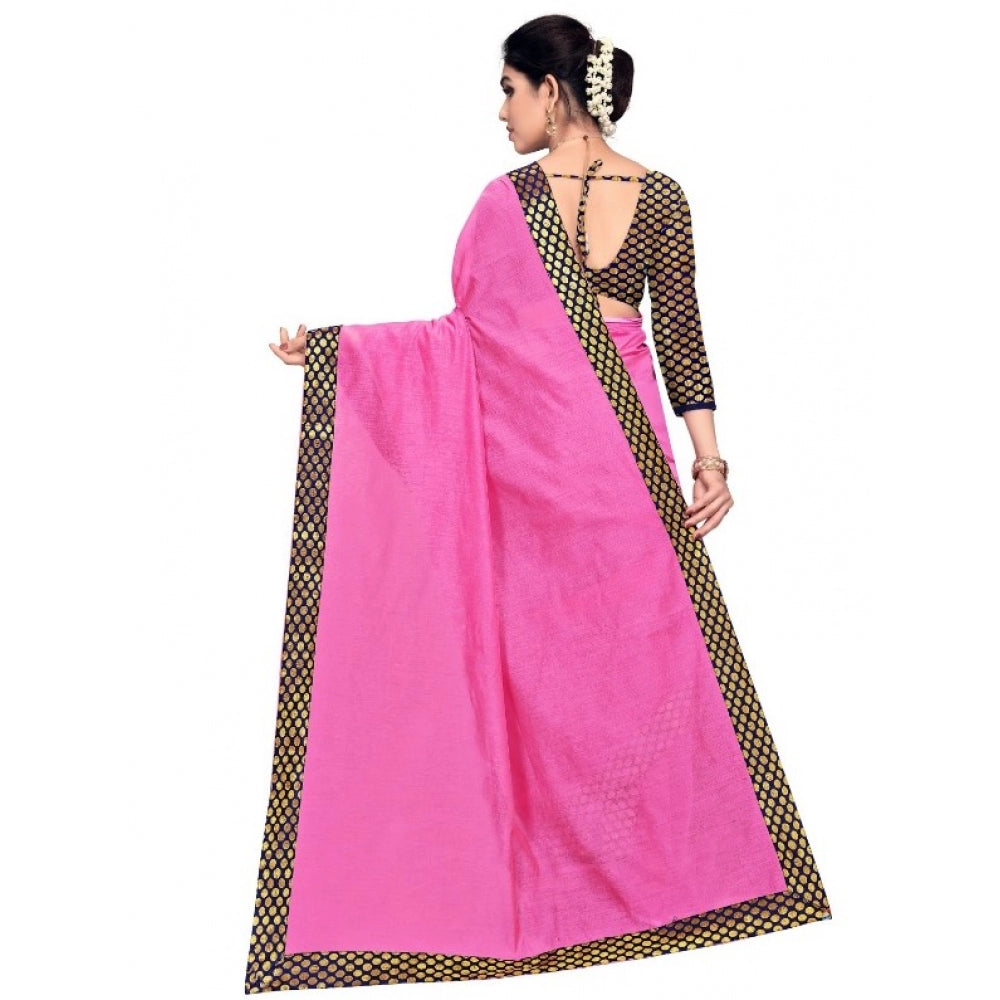 Women's Chanderi Cotton Lace Border Saree With Blouse (Pink, 5-6 Mtrs)