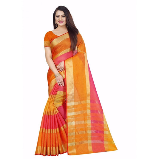 Women's Kota Doria Cotton Plain Saree With Blouse (Multicolor, 5-6 Mtrs)