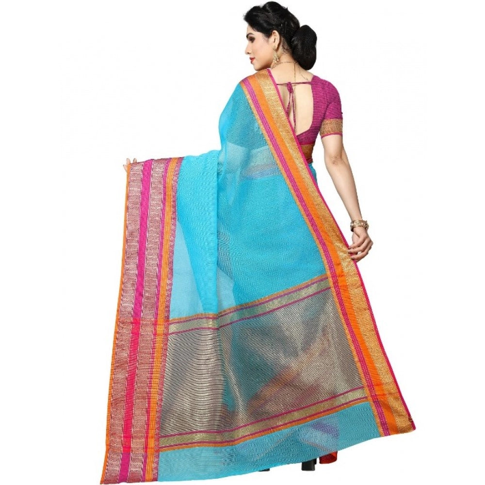 Women's Kota Doria Cotton Border Saree With Blouse (Sky Blue, 5-6 Mtrs)