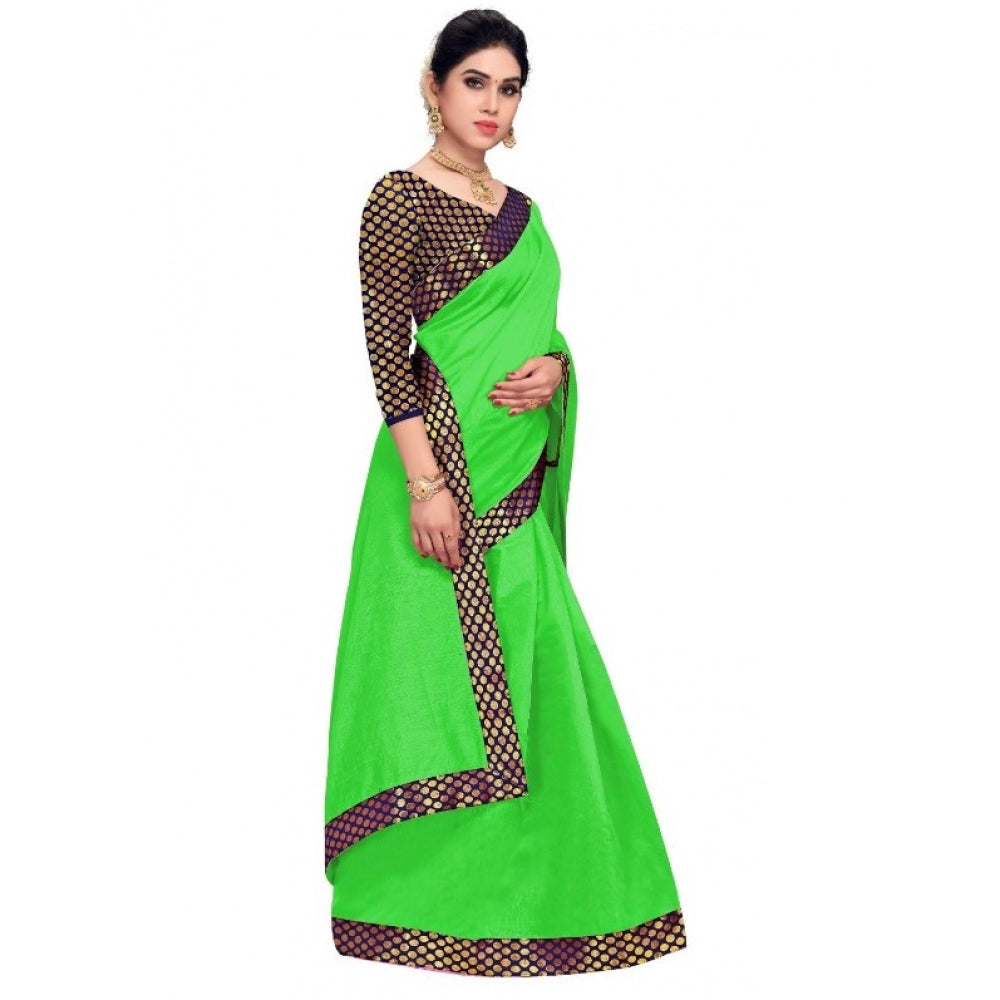 Women's Chanderi Cotton Lace Border Saree With Blouse (Green, 5-6 Mtrs)