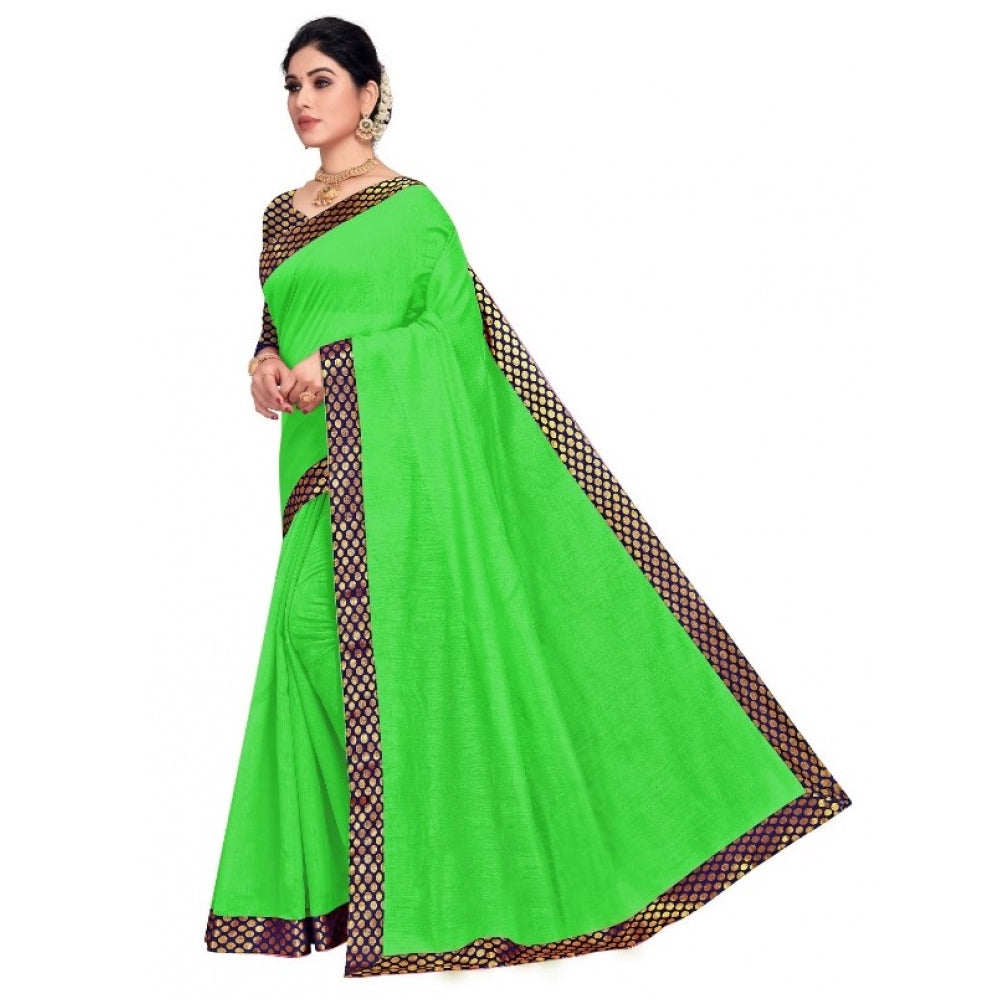 Women's Chanderi Cotton Lace Border Saree With Blouse (Green, 5-6 Mtrs)