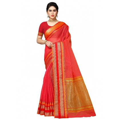 Women's Kota Doria Cotton Border Saree With Blouse (Pink, 5-6 Mtrs)