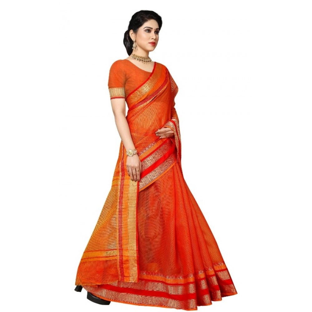 Women's Kota Doria Cotton Border Saree With Blouse (Orange, 5-6 Mtrs)