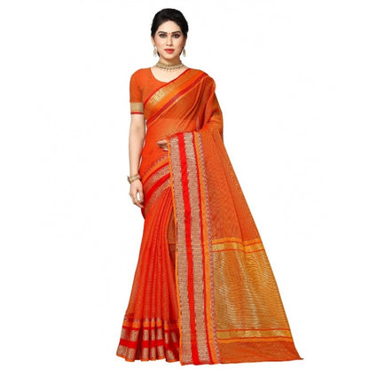 Women's Kota Doria Cotton Border Saree With Blouse (Orange, 5-6 Mtrs)