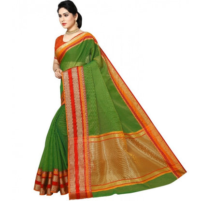 Women's Kota Doria Cotton Border Saree With Blouse (Green, 5-6 Mtrs)