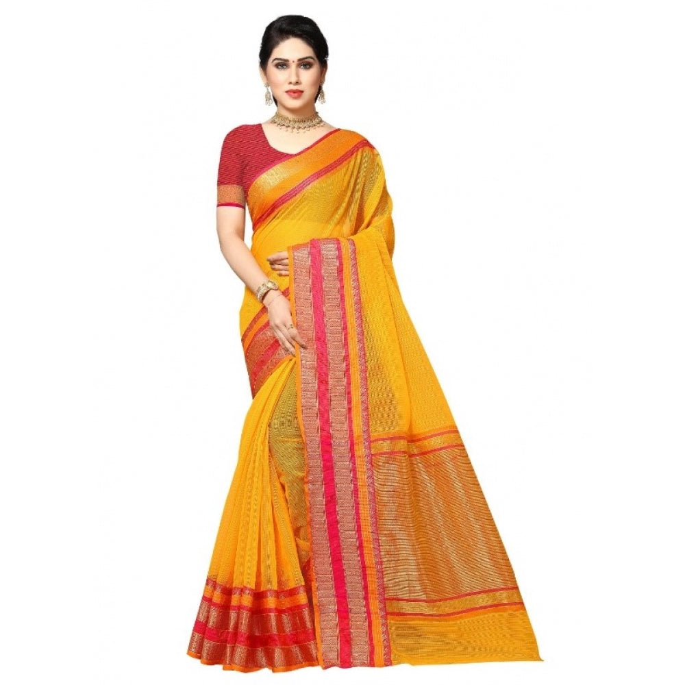 Women's Kota Doria Cotton Border Saree With Blouse (Gold, 5-6 Mtrs)