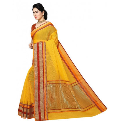 Women's Kota Doria Cotton Border Saree With Blouse (Yellow, 5-6 Mtrs)