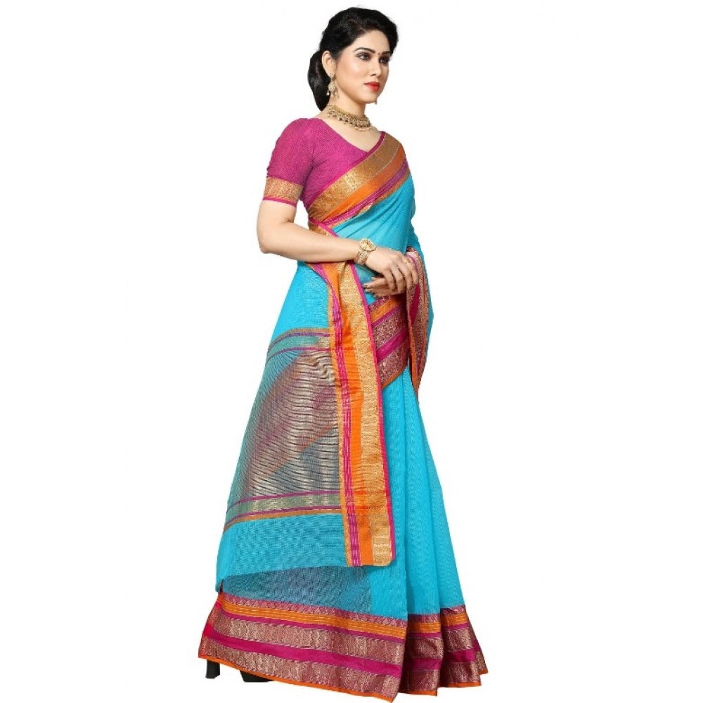 Women's Kota Doria Cotton Border Saree With Blouse (Sky Blue, 5-6 Mtrs)