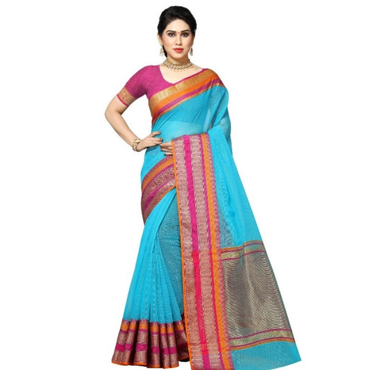 Women's Kota Doria Cotton Border Saree With Blouse (Sky Blue, 5-6 Mtrs)