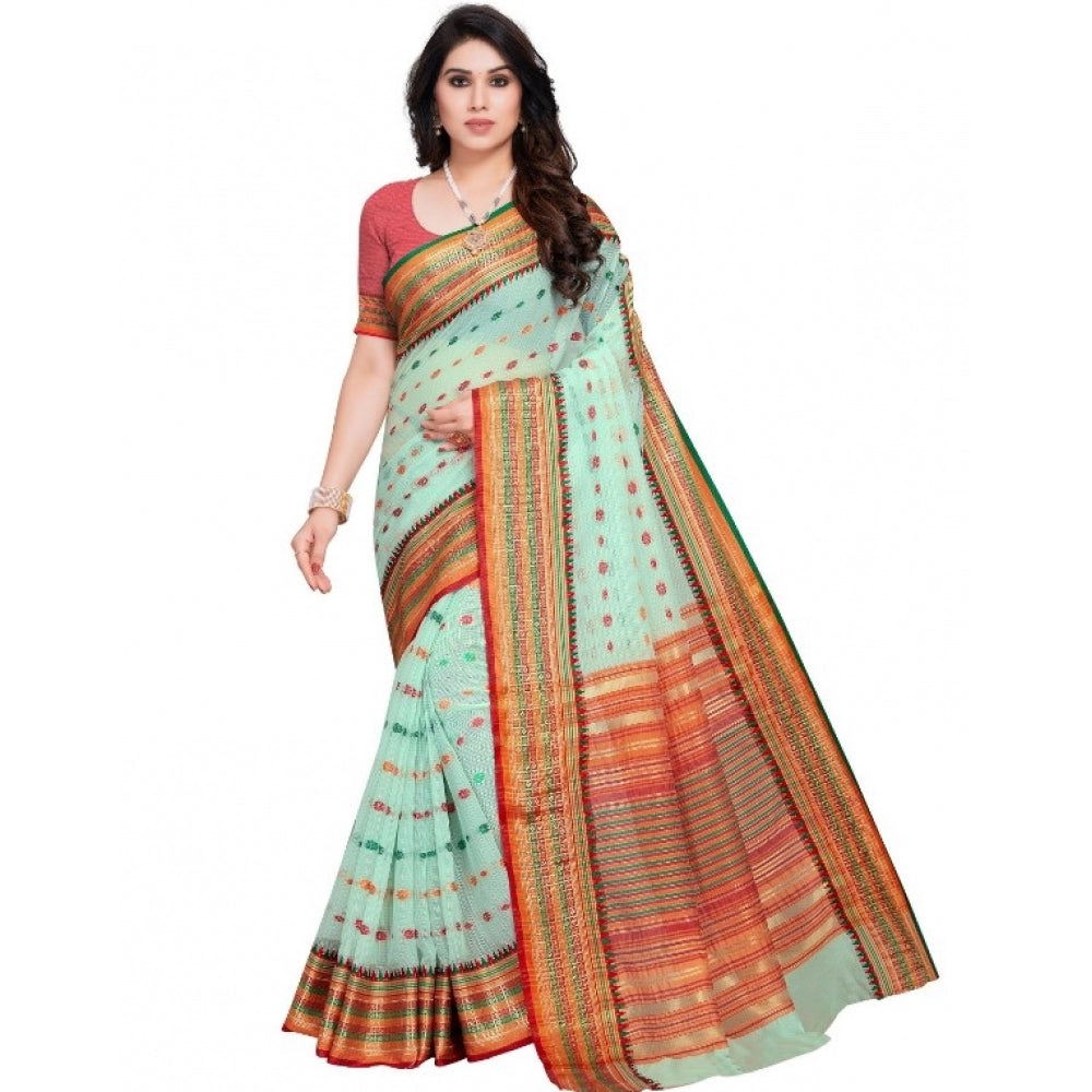 Women's Kota Doria Cotton Woven Butta Saree With Blouse (Pista, 5-6 Mtrs)