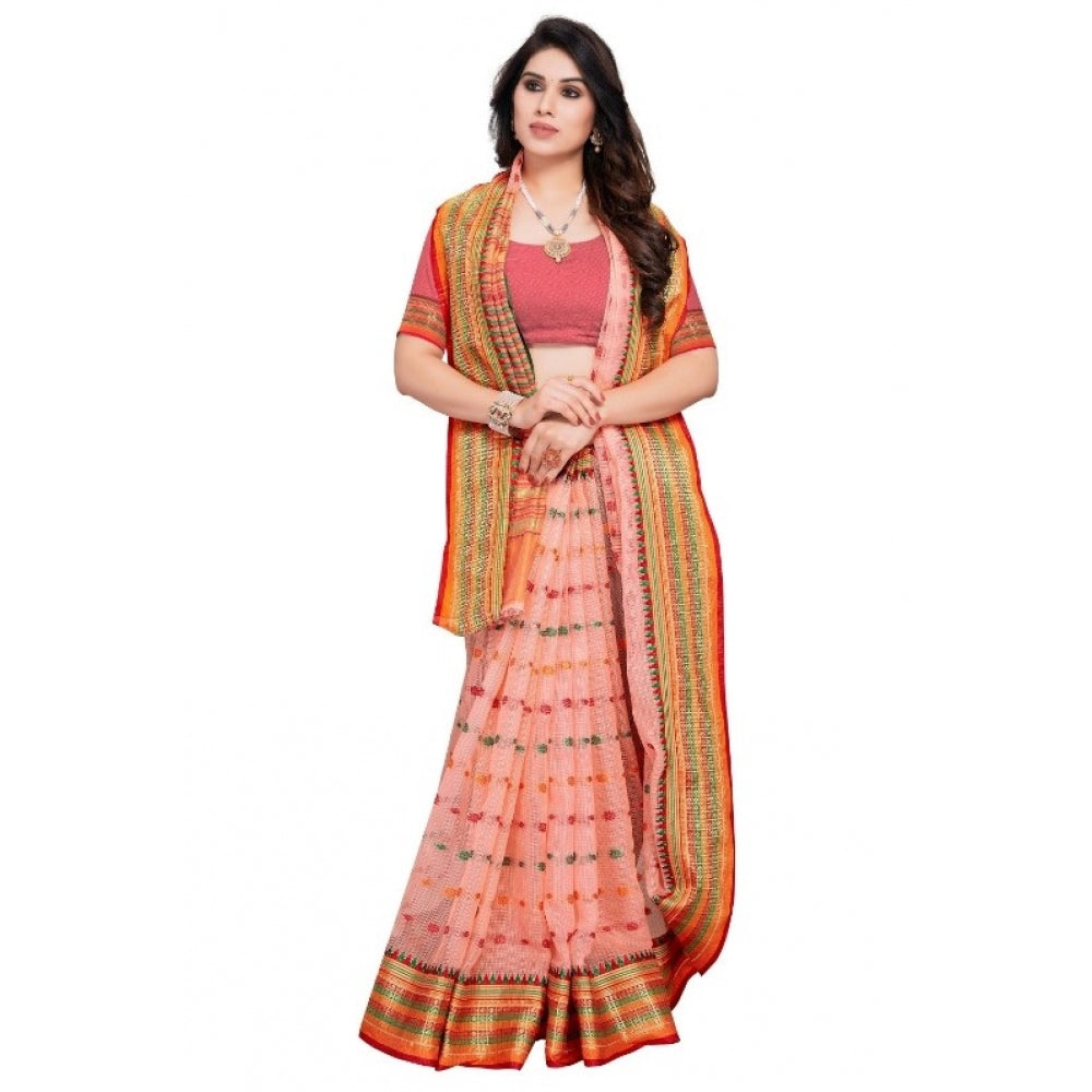 Women's Kota Doria Cotton Woven Butta Saree With Blouse (Peach, 5-6 Mtrs)