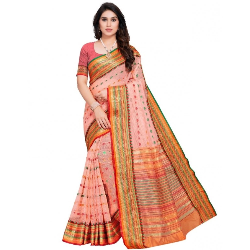 Women's Kota Doria Cotton Woven Butta Saree With Blouse (Peach, 5-6 Mtrs)