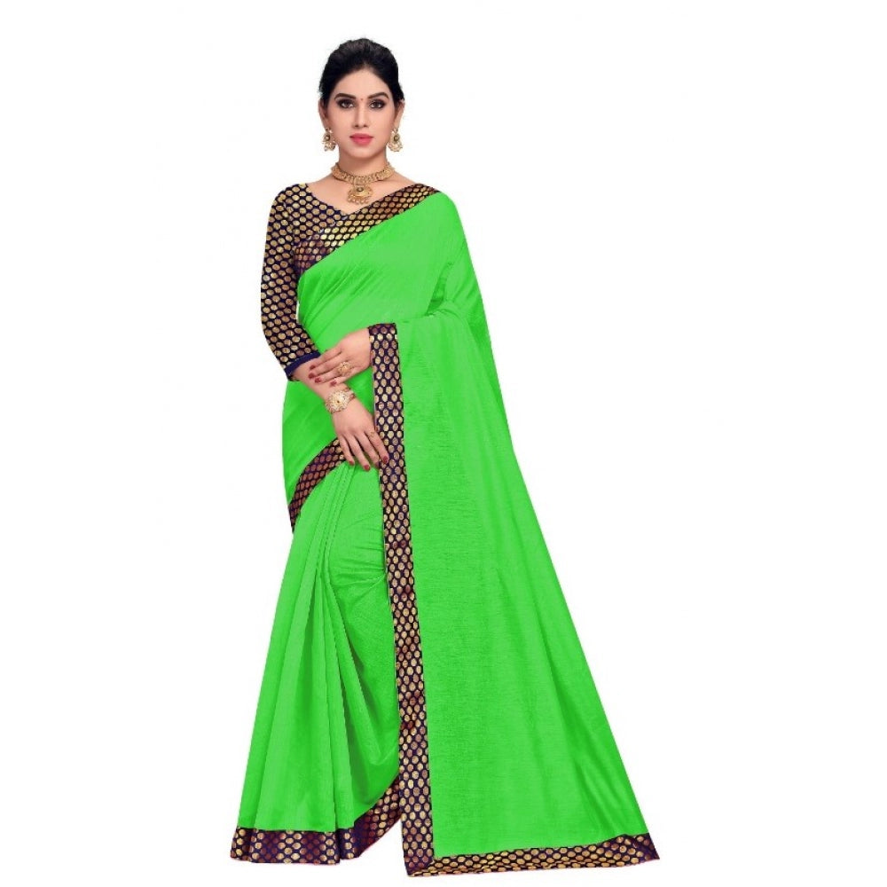 Women's Chanderi Cotton Lace Border Saree With Blouse (Green, 5-6 Mtrs)