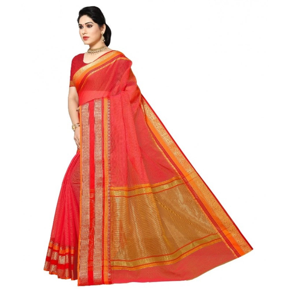 Women's Kota Doria Cotton Border Saree With Blouse (Pink, 5-6 Mtrs)