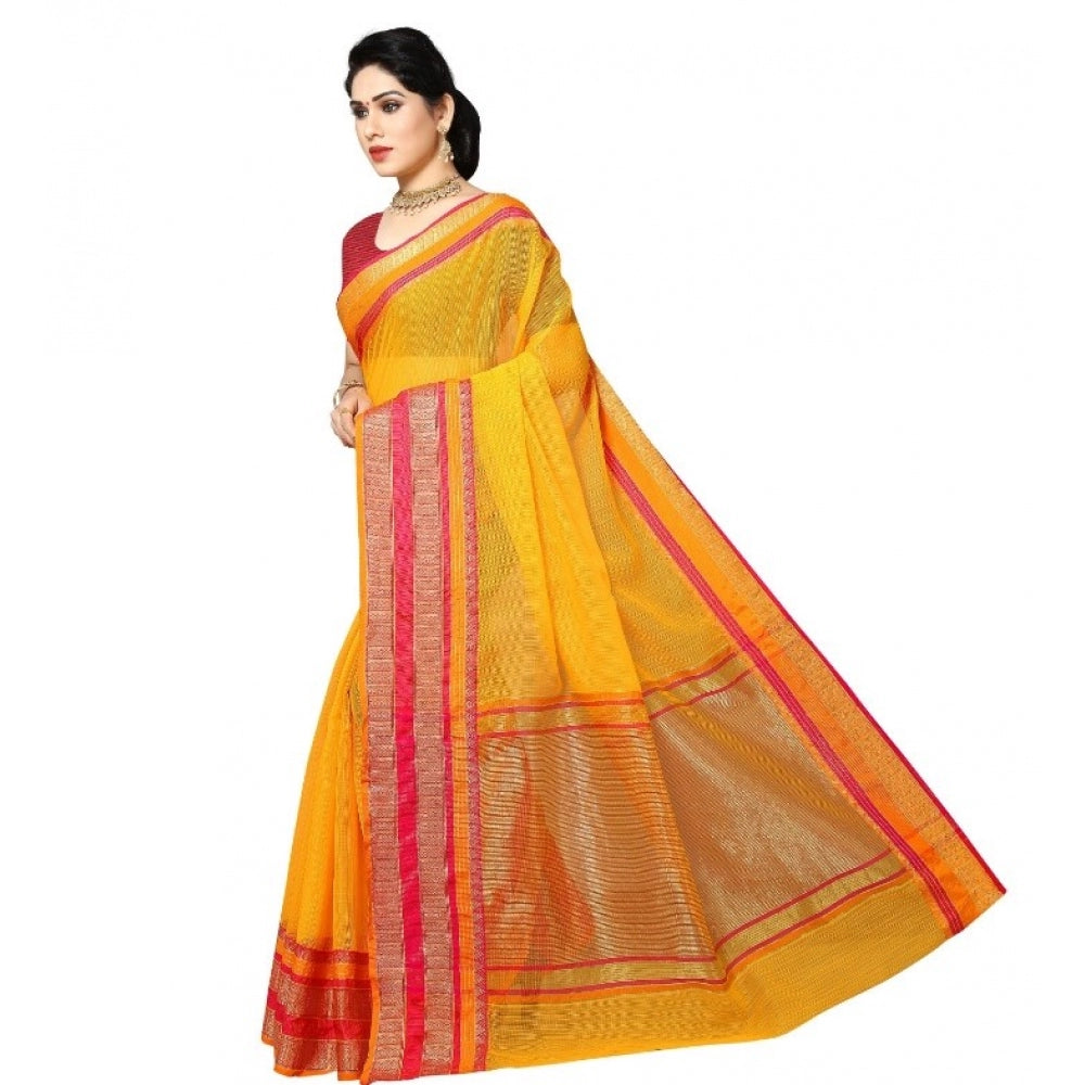 Women's Kota Doria Cotton Border Saree With Blouse (Gold, 5-6 Mtrs)