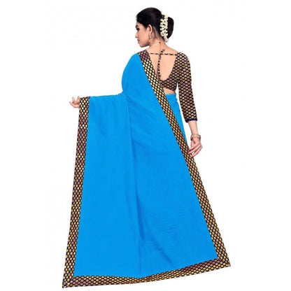 Women's Chanderi Cotton Lace Border Saree With Blouse (Sky Blue, 5-6 Mtrs)