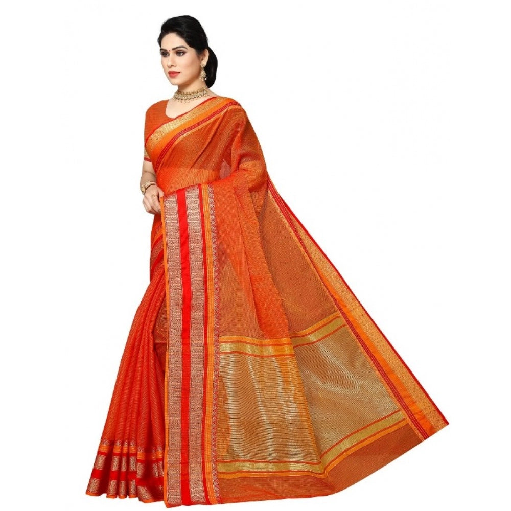 Women's Kota Doria Cotton Border Saree With Blouse (Orange, 5-6 Mtrs)