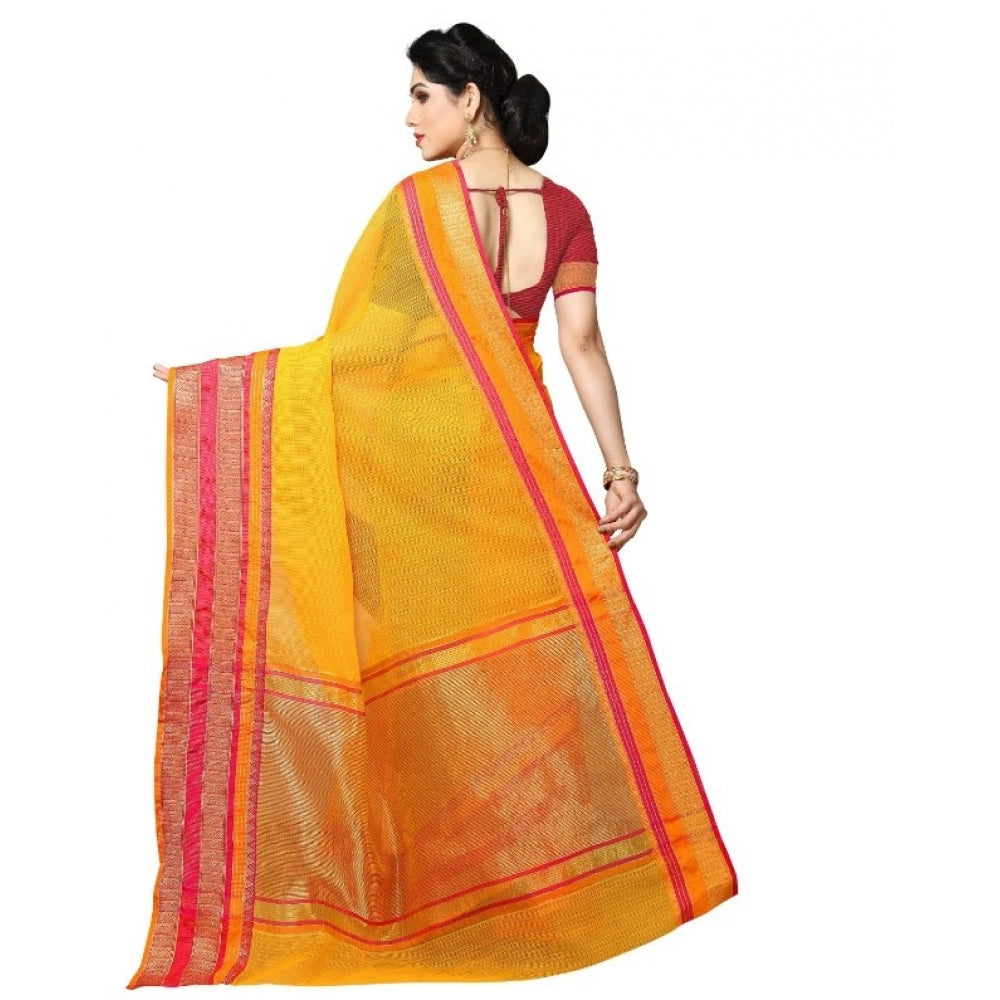 Women's Kota Doria Cotton Border Saree With Blouse (Gold, 5-6 Mtrs)