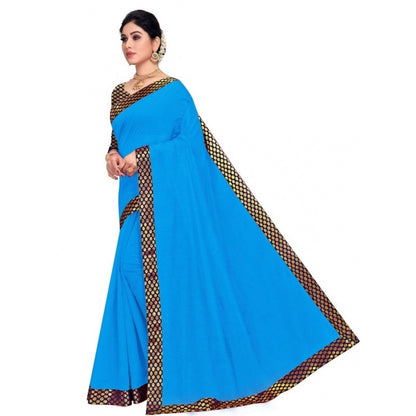 Women's Chanderi Cotton Lace Border Saree With Blouse (Sky Blue, 5-6 Mtrs)