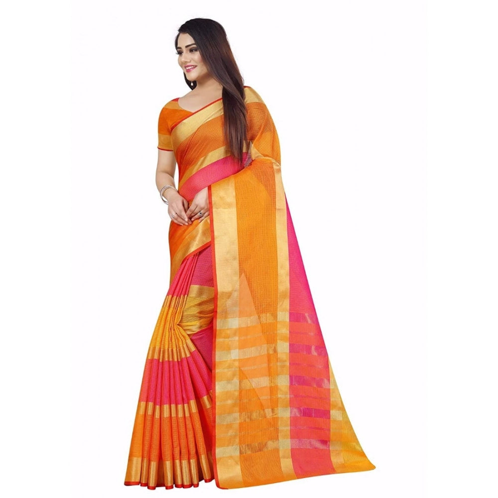 Women's Kota Doria Cotton Plain Saree With Blouse (Multicolor, 5-6 Mtrs)