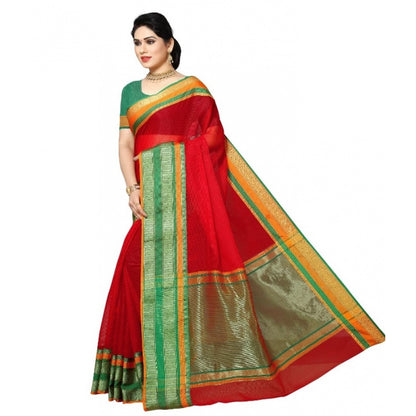 Women's Kota Doria Cotton Border Saree With Blouse (Red, 5-6 Mtrs)