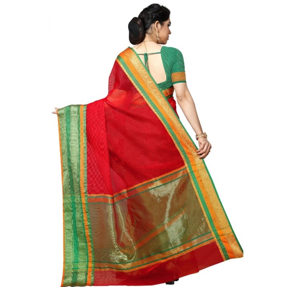 Women's Kota Doria Cotton Border Saree With Blouse (Red, 5-6 Mtrs)