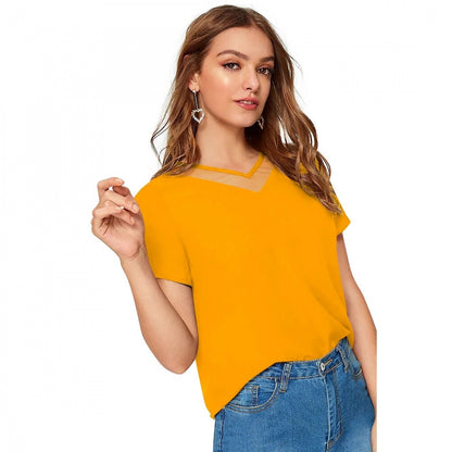 Women's Polyester, Knitting Western Wear T-Shirt (Yellow)