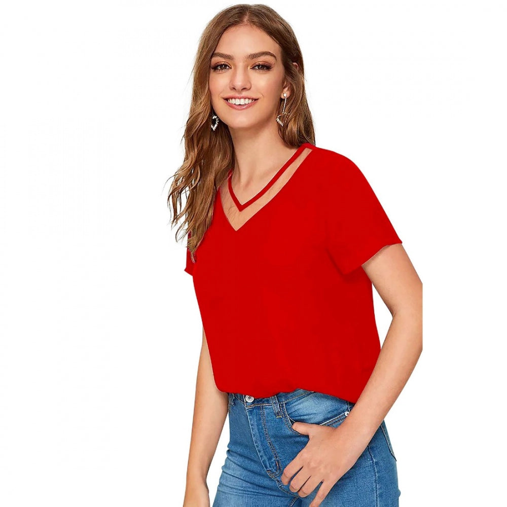 Women's Polyester, Knitting Western Wear T-Shirt (Red)