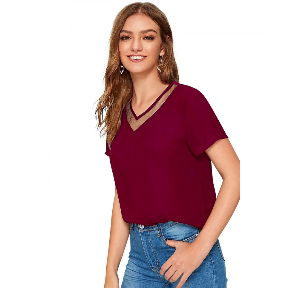 Women's Polyester, Knitting Western Wear T-Shirt (Maroon)