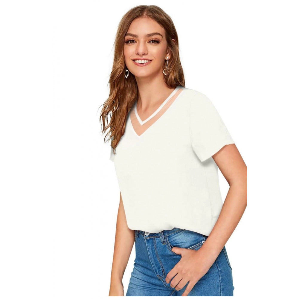 Women's Polyester, Knitting Western Wear T-Shirt (White)